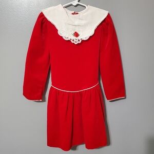 Vintage 80s Carrousel Red Velvet Dress with White Collar Girl's Size 6x